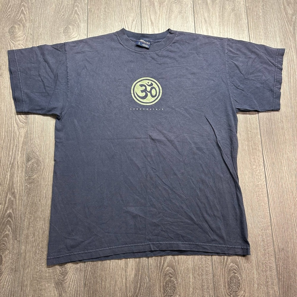 Vintage Aeropostale Mens Large Navy Blue Om Symbol Graphic T-Shirt Y2k